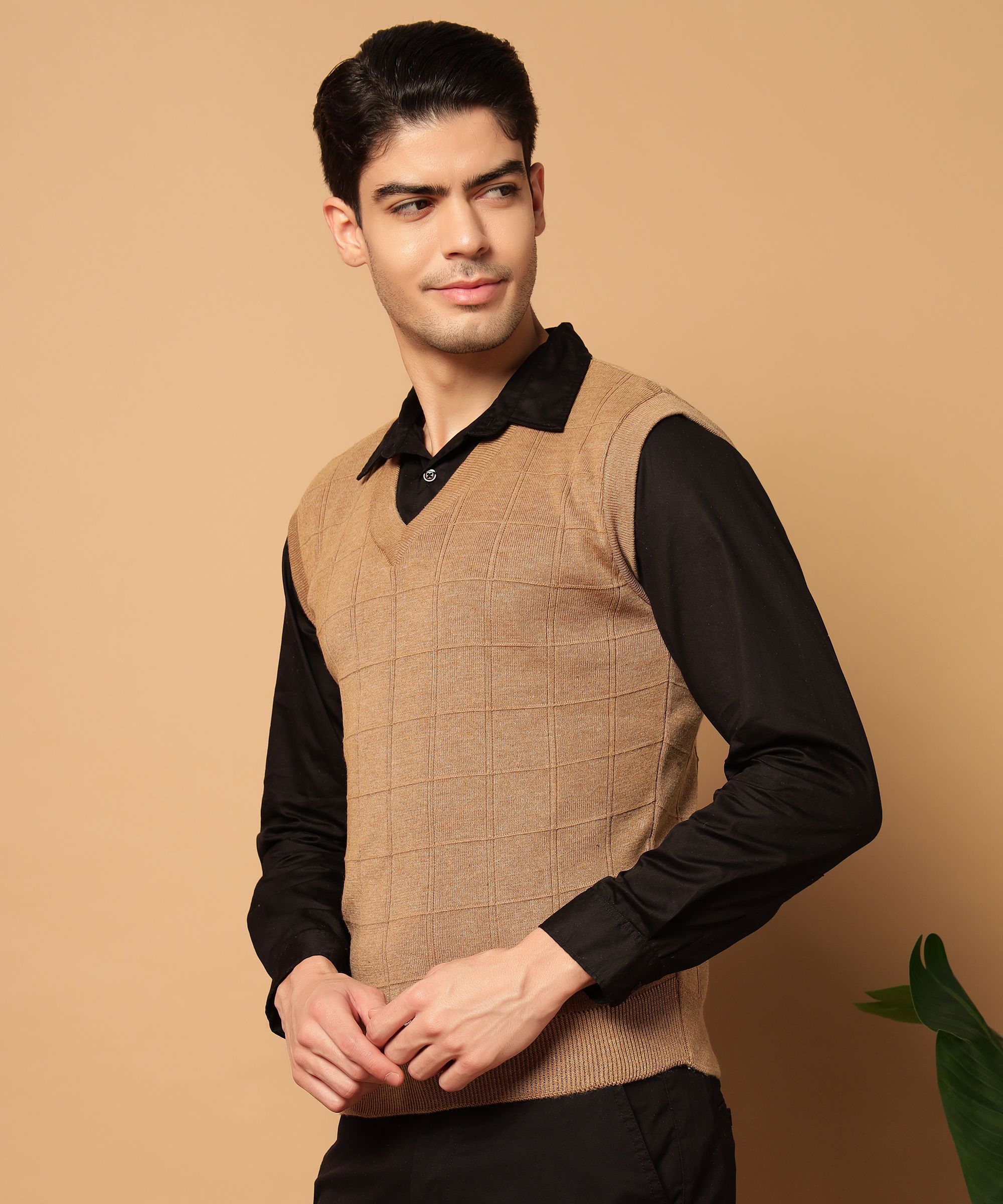 willey Men Self Design V Neck Brown Sweater-picture-21