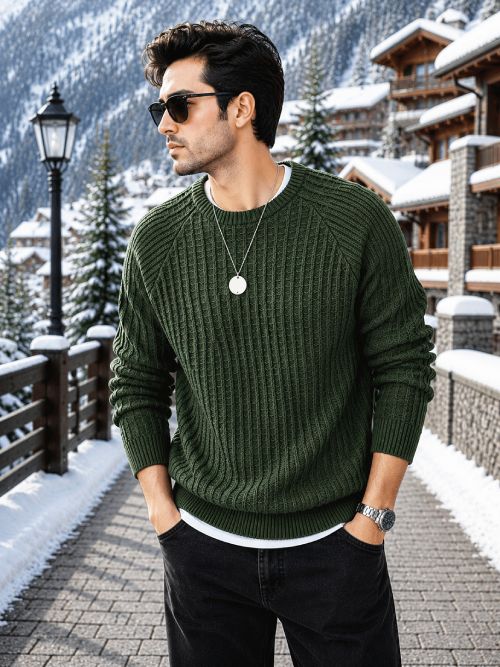 fashlook Men Self Design Round Neck Dark Green Sweater-picture-48
