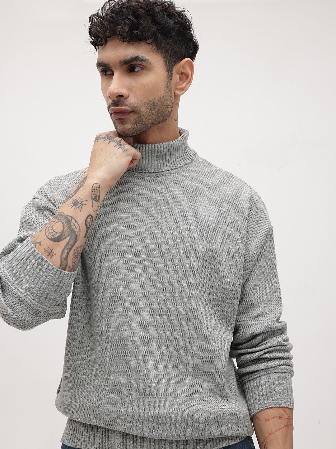 Men Solid Turtle Neck Grey Sweater-image-35