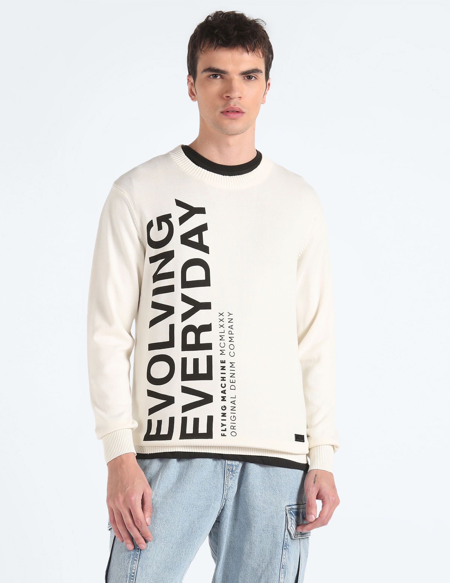 flying machine Men Printed Crew Neck White Sweater-picture-10