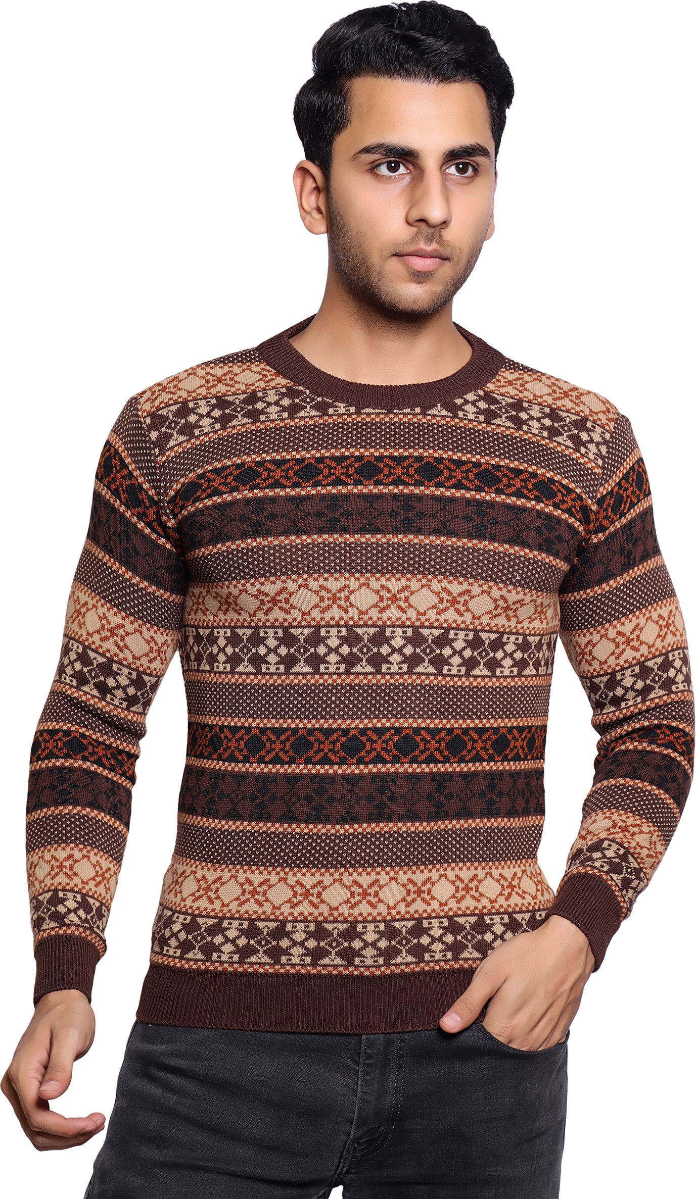 grand line Men Geometric Print Crew Neck Multicolor, Brown Sweater-picture-17