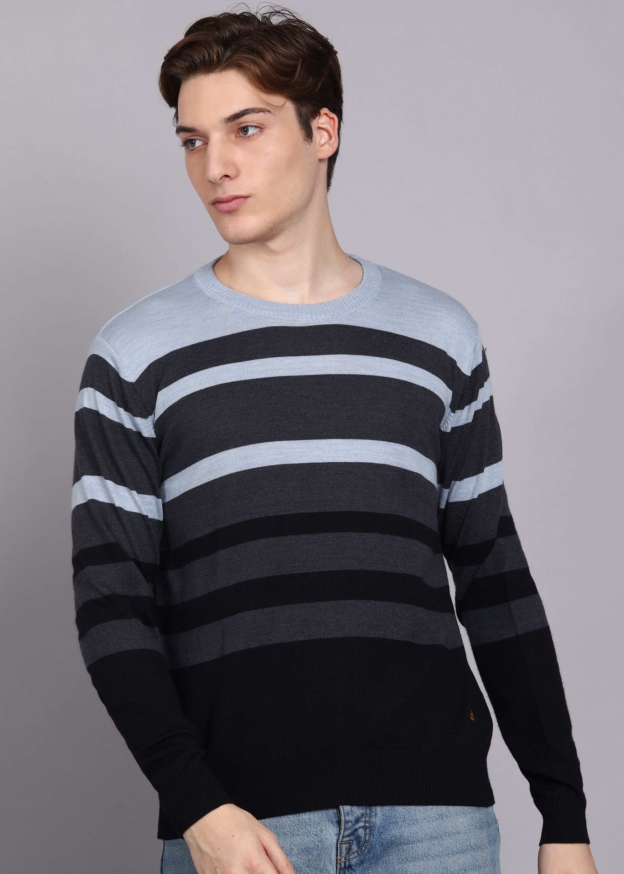 raymond Men Striped Crew Neck Dark Blue Sweater-picture-28