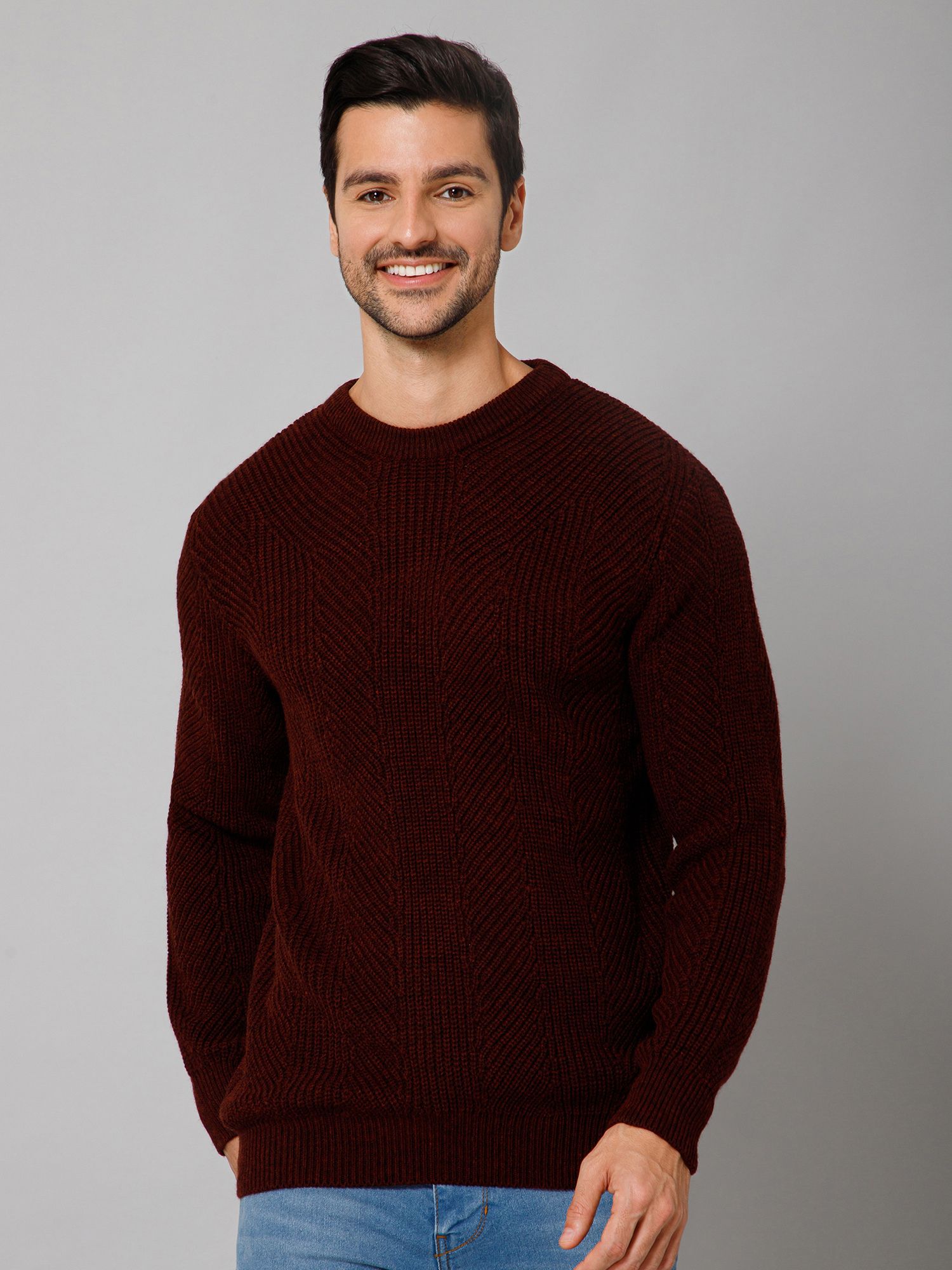 cantabil Men Self Design Round Neck Maroon Sweater-picture-28