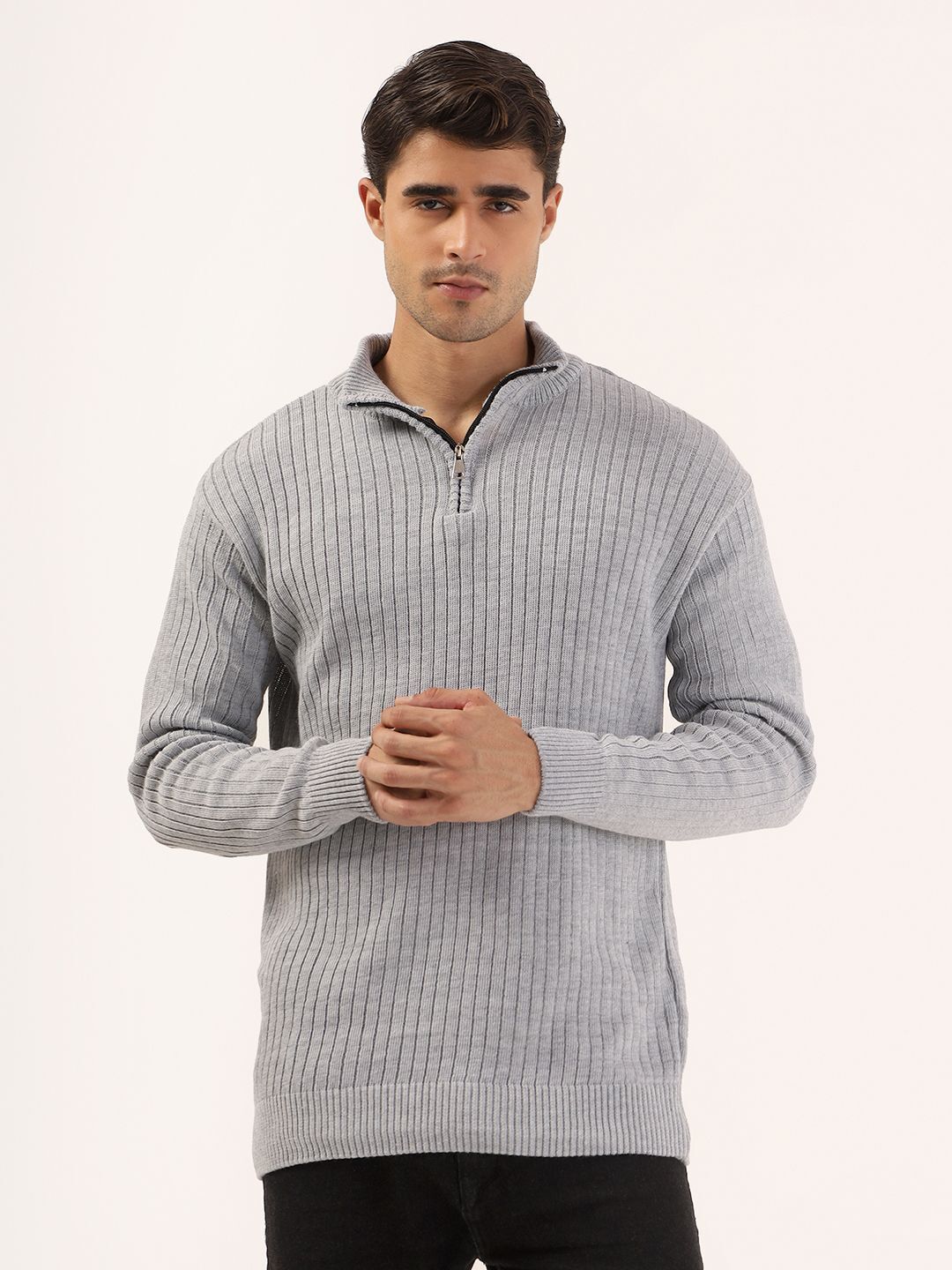 kveto Men Self Design High Neck Silver Sweater-picture-16