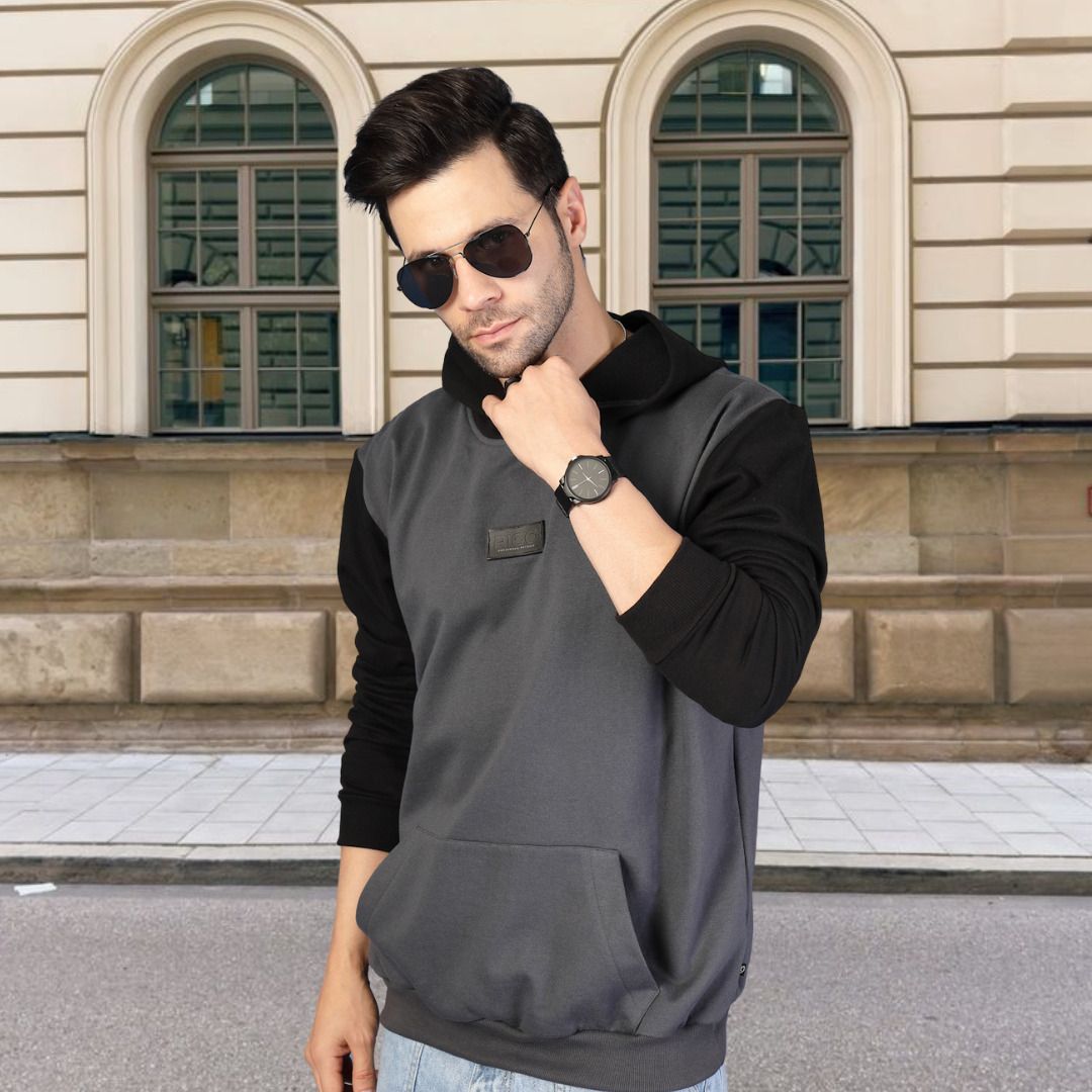 Men Colorblock Hooded Neck Grey, Black Sweater-image-23
