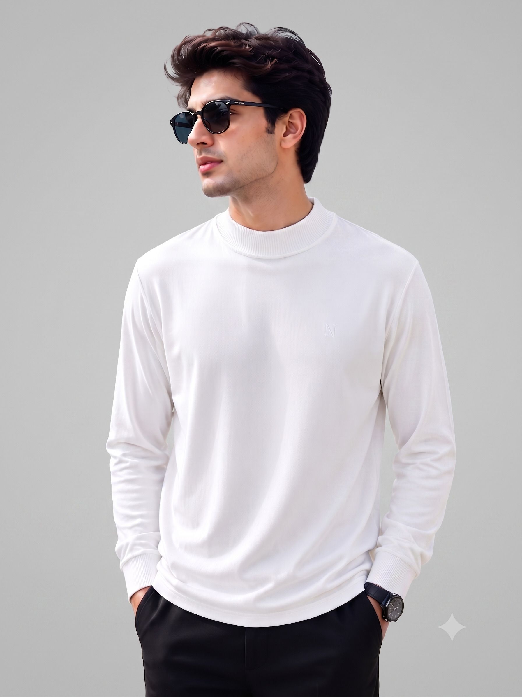 mno Men Solid Turtle Neck White Sweater-picture-37