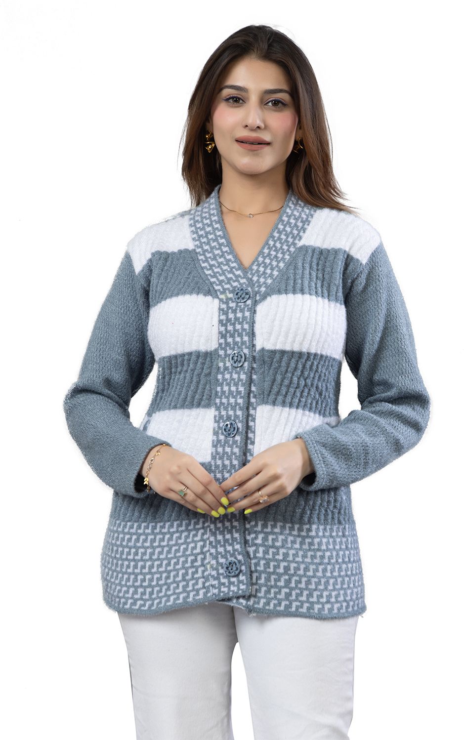 Women Self Design V Neck Grey, White Sweater-image-1