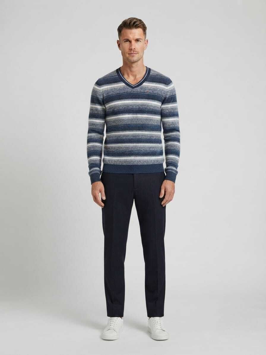 cozure Men Striped V Neck Multicolor, Blue Sweater-picture-45