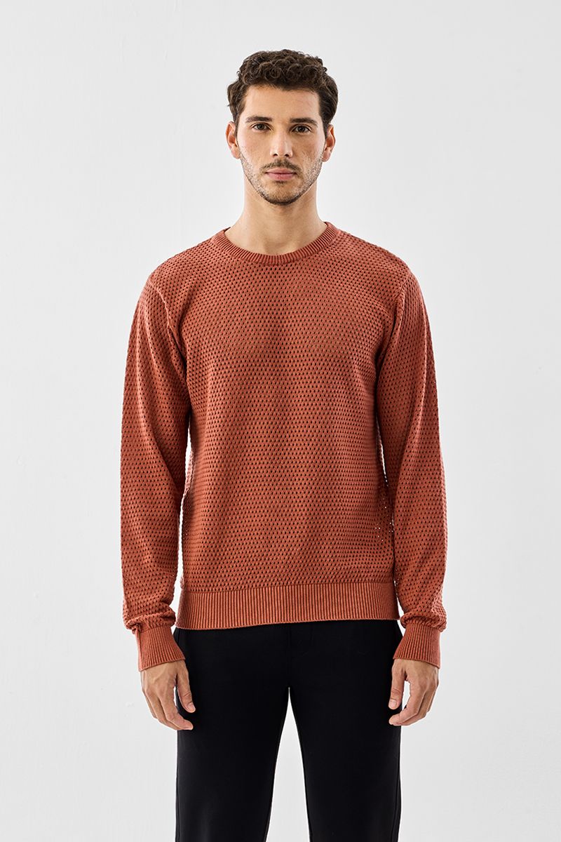 snitch Men Self Design Crew Neck Orange Sweater-picture-12
