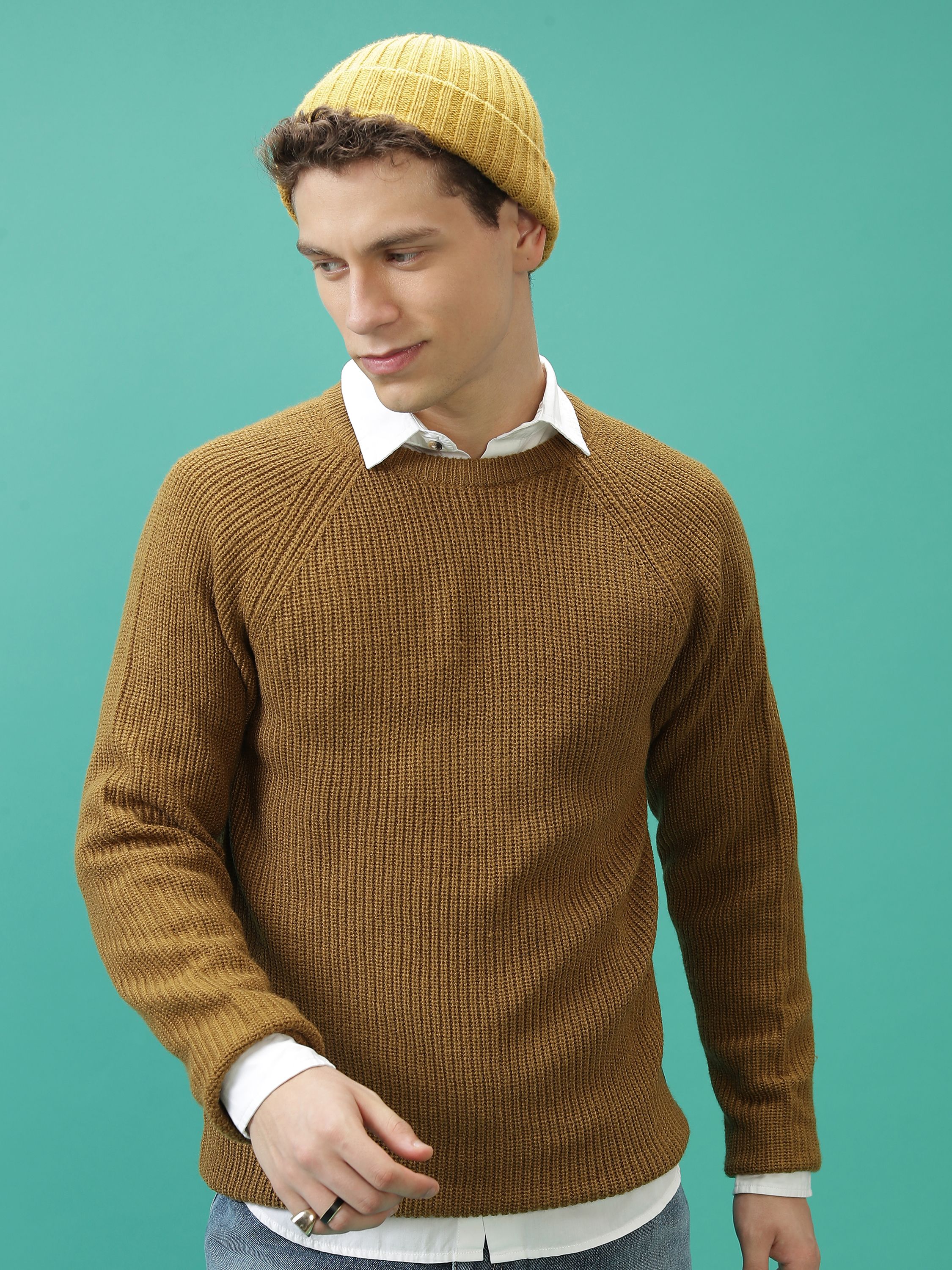 highlander Men Solid Round Neck Brown Sweater-picture-13