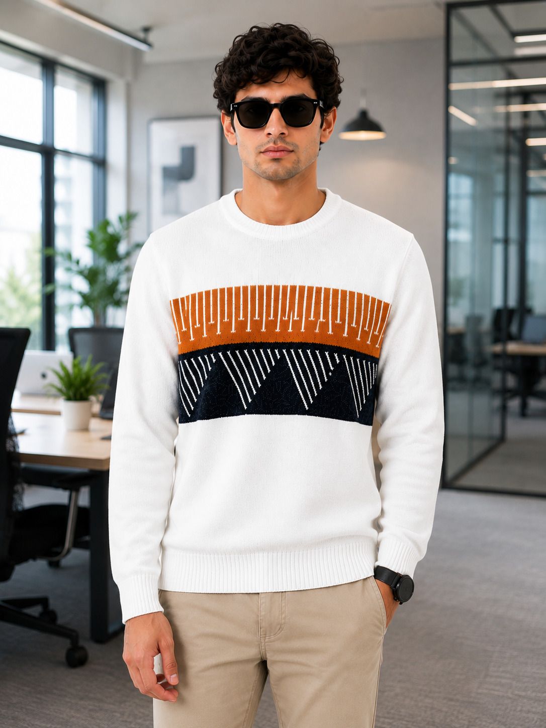 dailydude Men Geometric Print Round Neck Yellow Sweater-picture-31