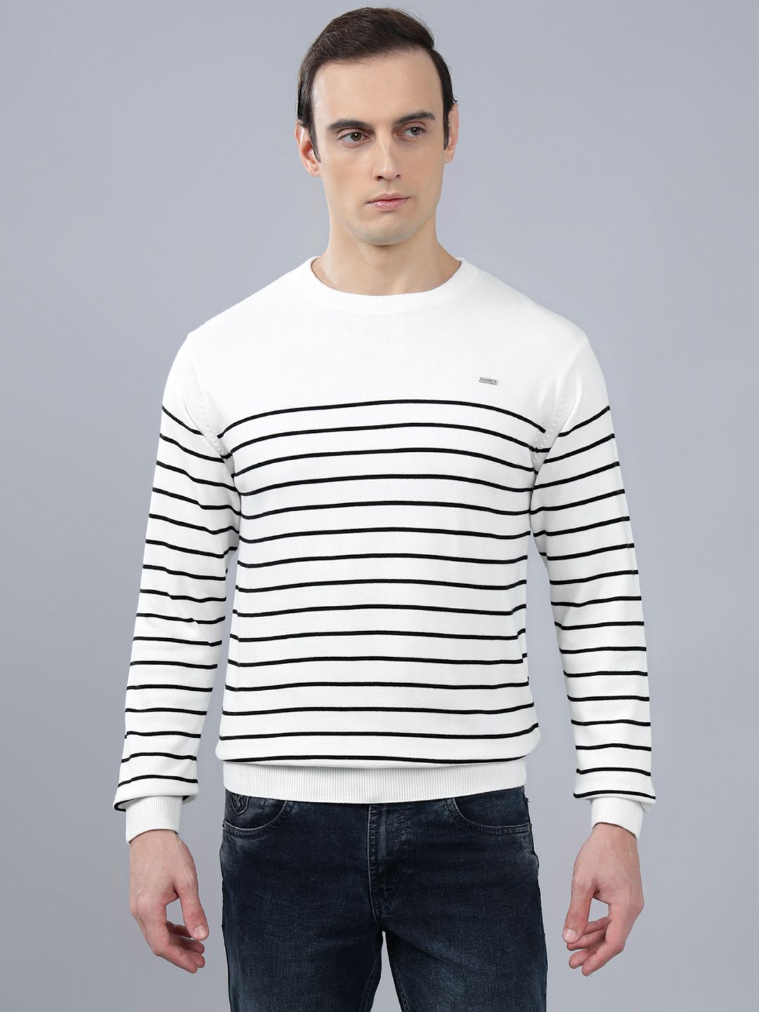 Men Striped Round Neck White Sweater-image-43