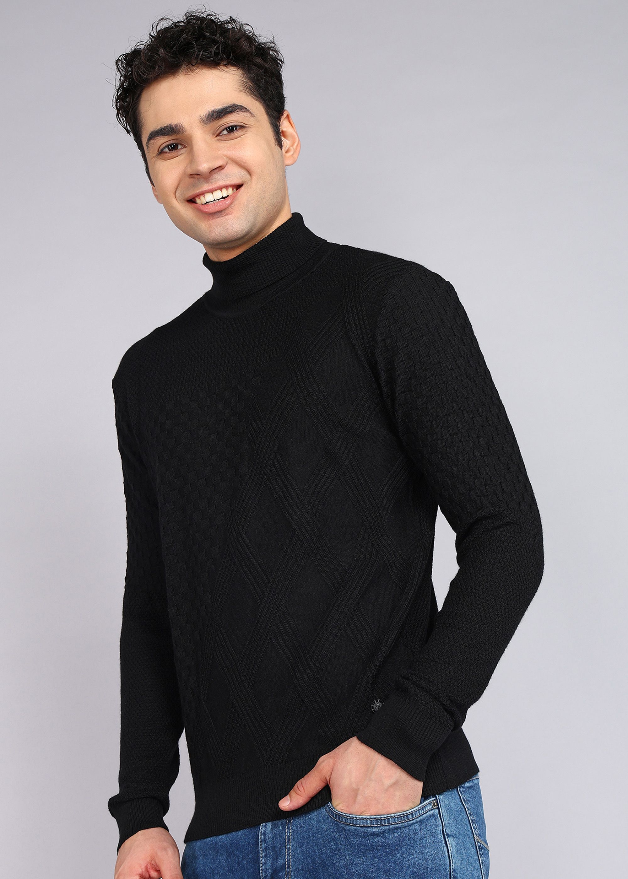 Men Self Design Crew Neck Black Sweater-image-32