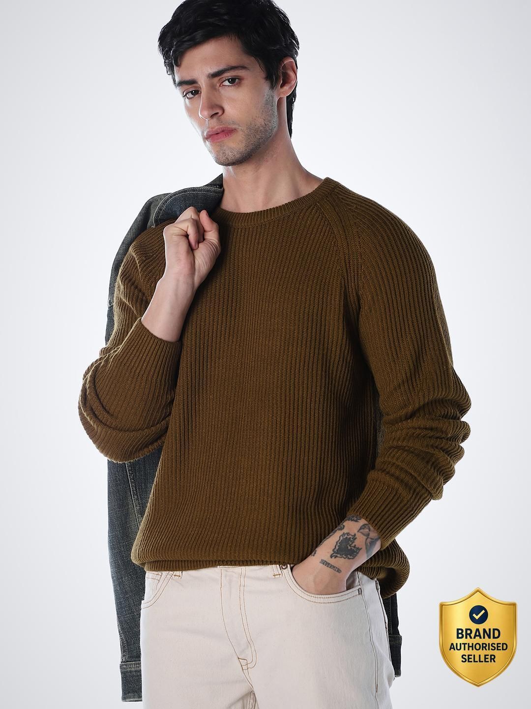 jack & jones Men Self Design Crew Neck Brown Sweater-picture-22