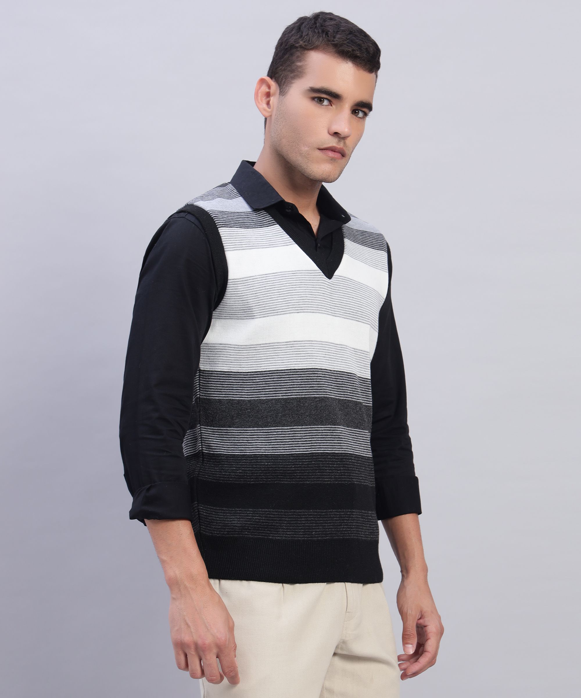 morkel Men Striped V Neck Black, White Sweater-picture-16