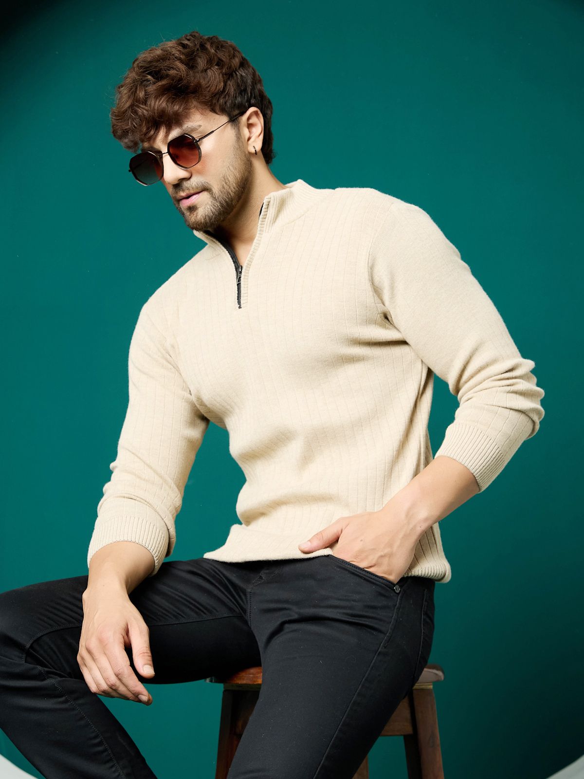 kvetoo Men Self Design High Neck Beige Sweater-picture-19