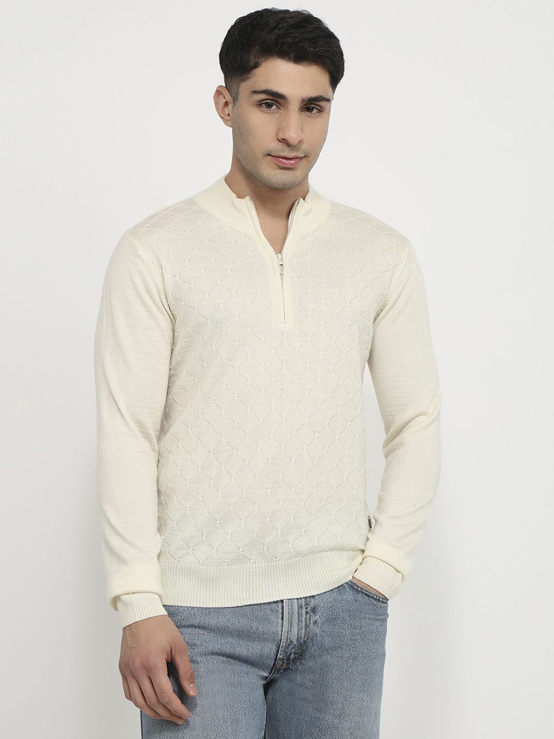 raymond Men Self Design High Neck White Sweater-picture-12