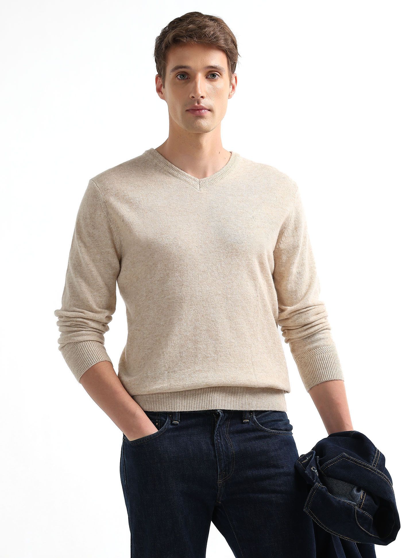 arrow sport Men Solid V Neck Beige Sweater-picture-24