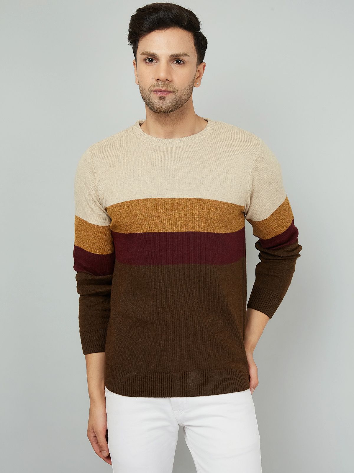 kvetoo Men Woven Round Neck Beige Sweater-picture-12