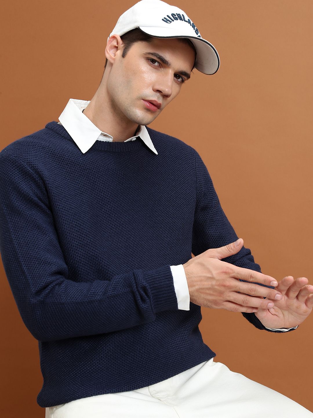 highlander Men Solid Round Neck Blue Sweater-picture-14