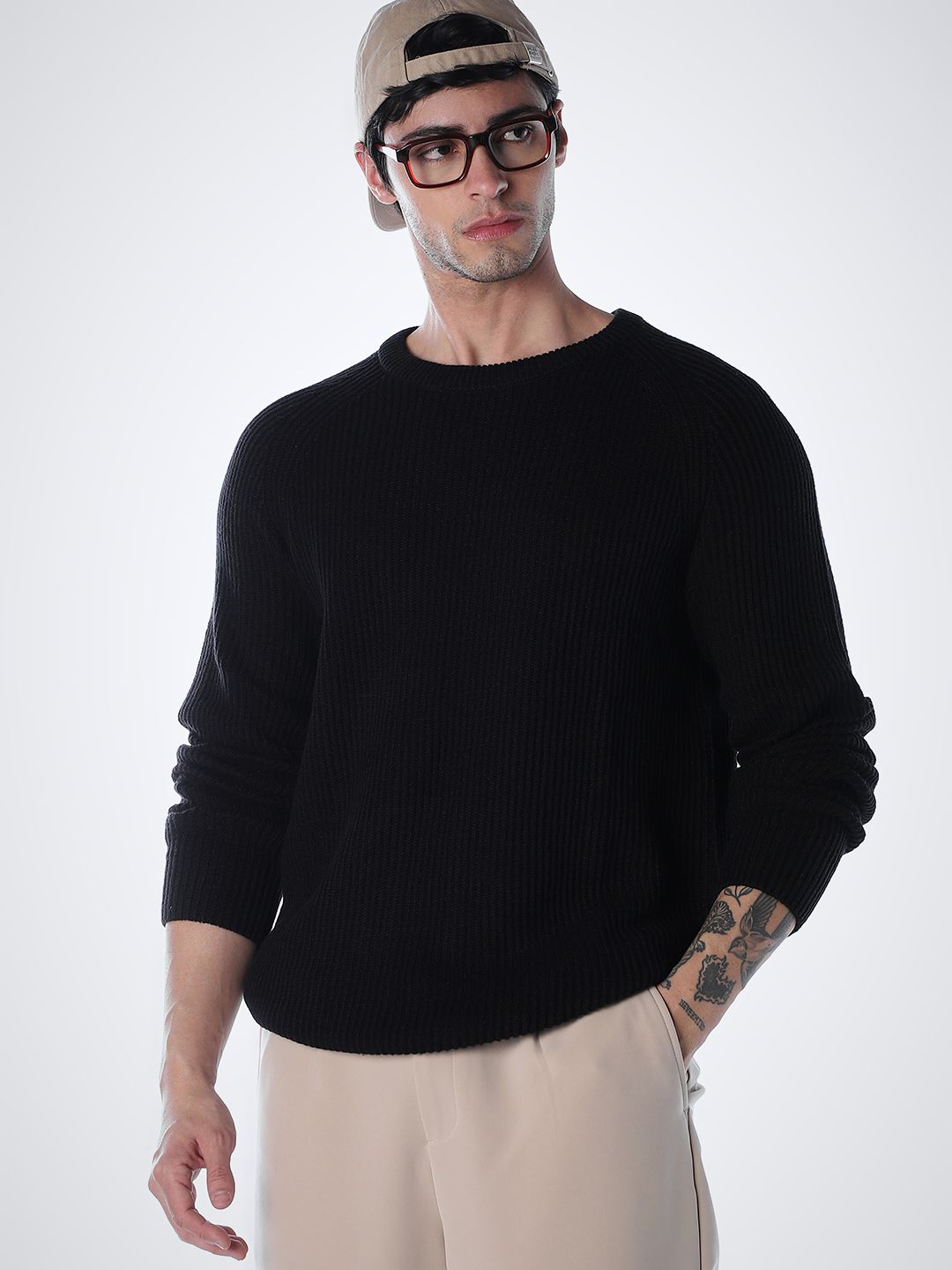 Men Self Design Crew Neck Black Sweater-image-28