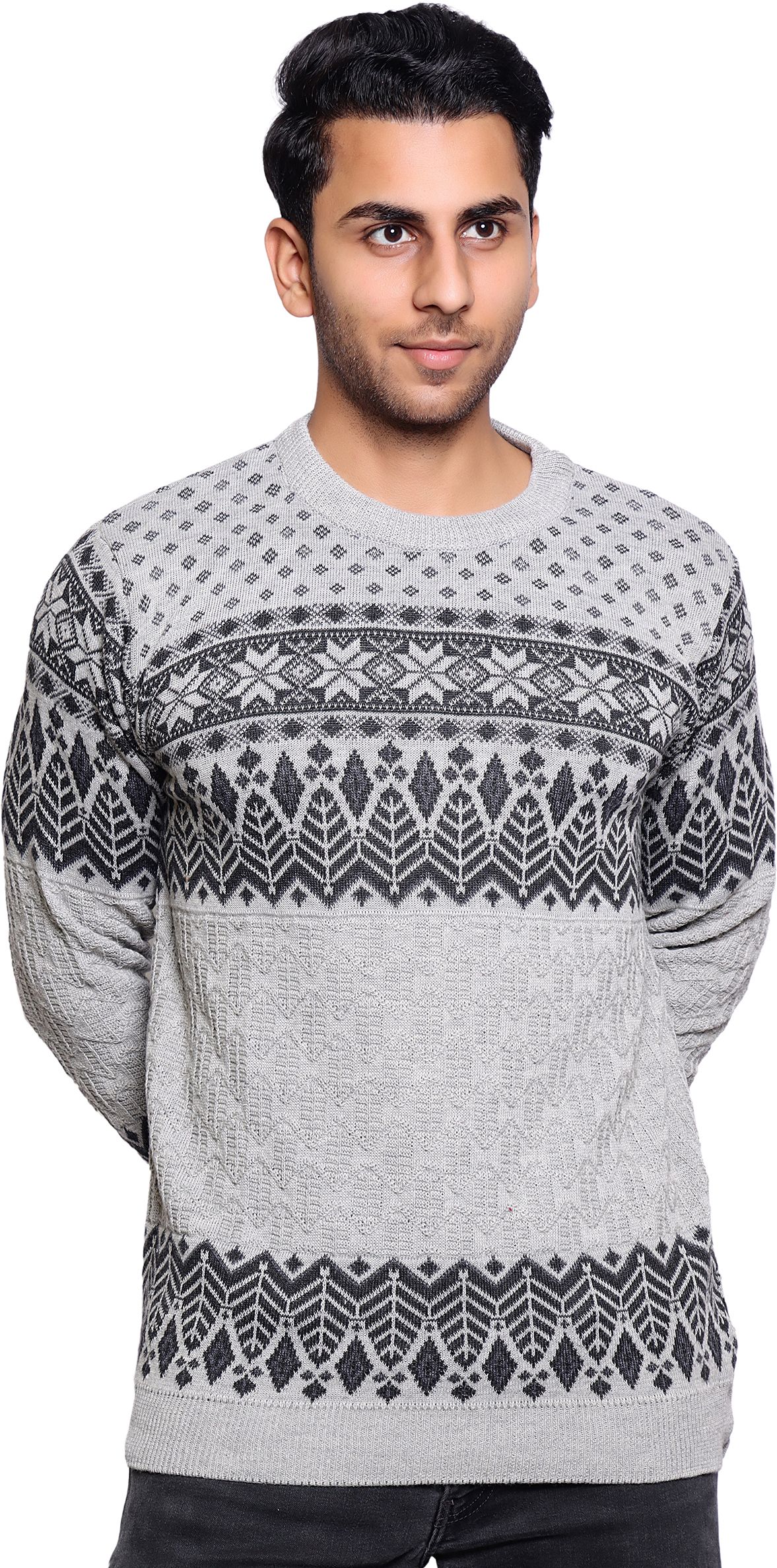 grand line Men Geometric Print Crew Neck Grey, Black Sweater-picture-10