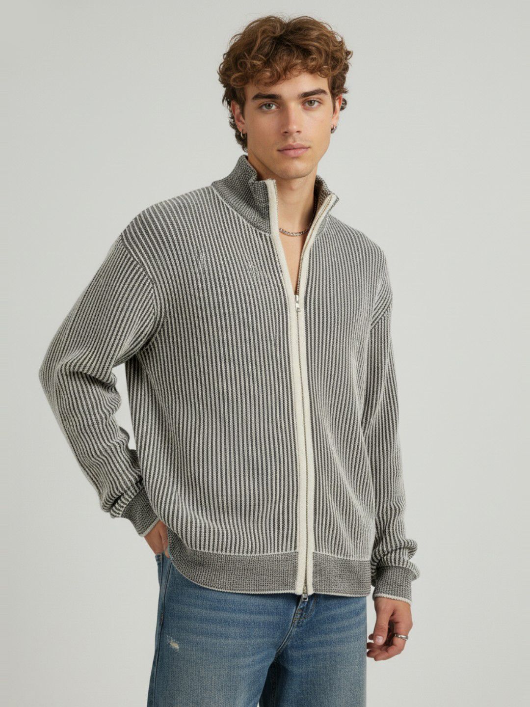 glitchez Men Self Design Collared Neck Grey Sweater-picture-11