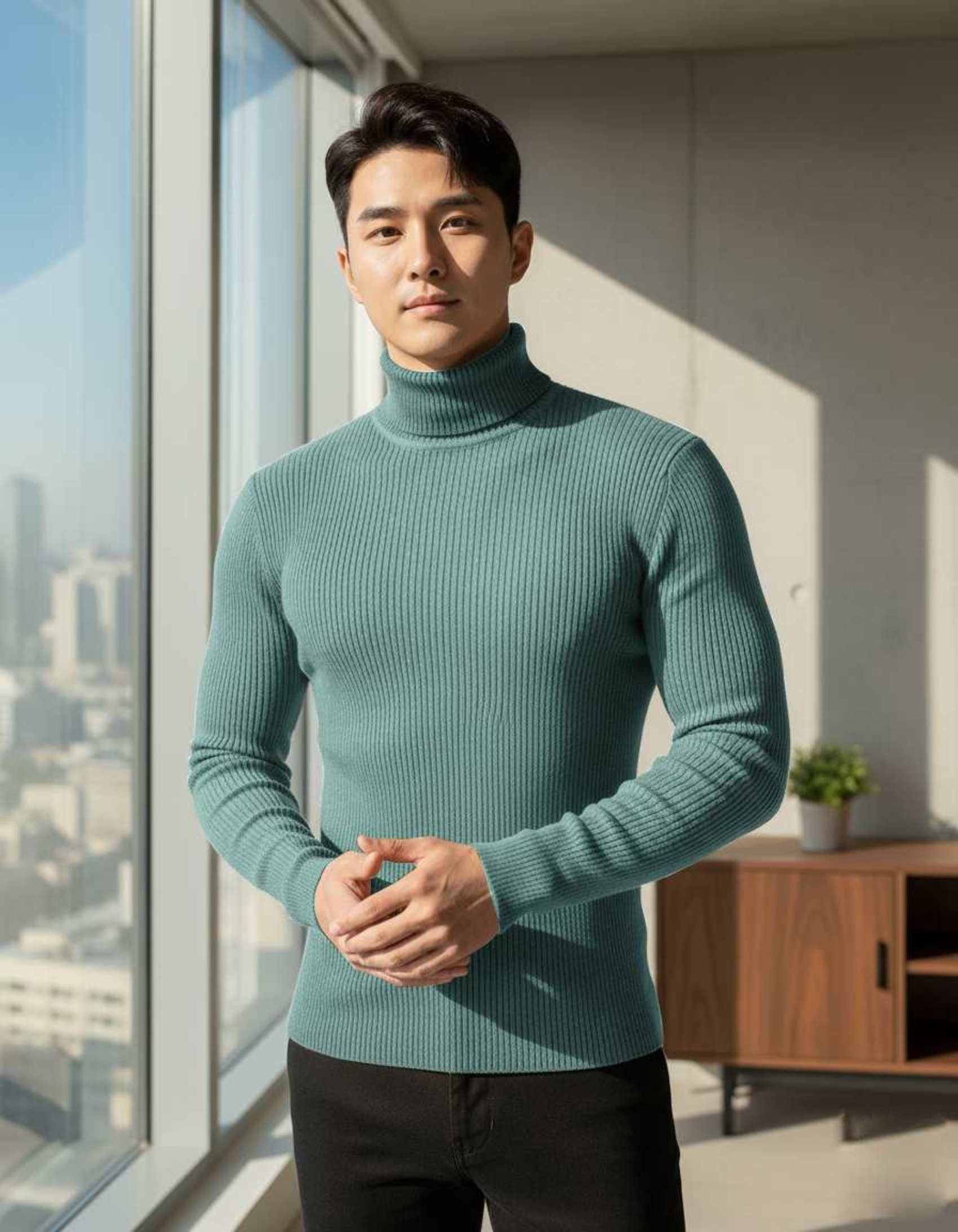 Men Solid High Neck Green Sweater