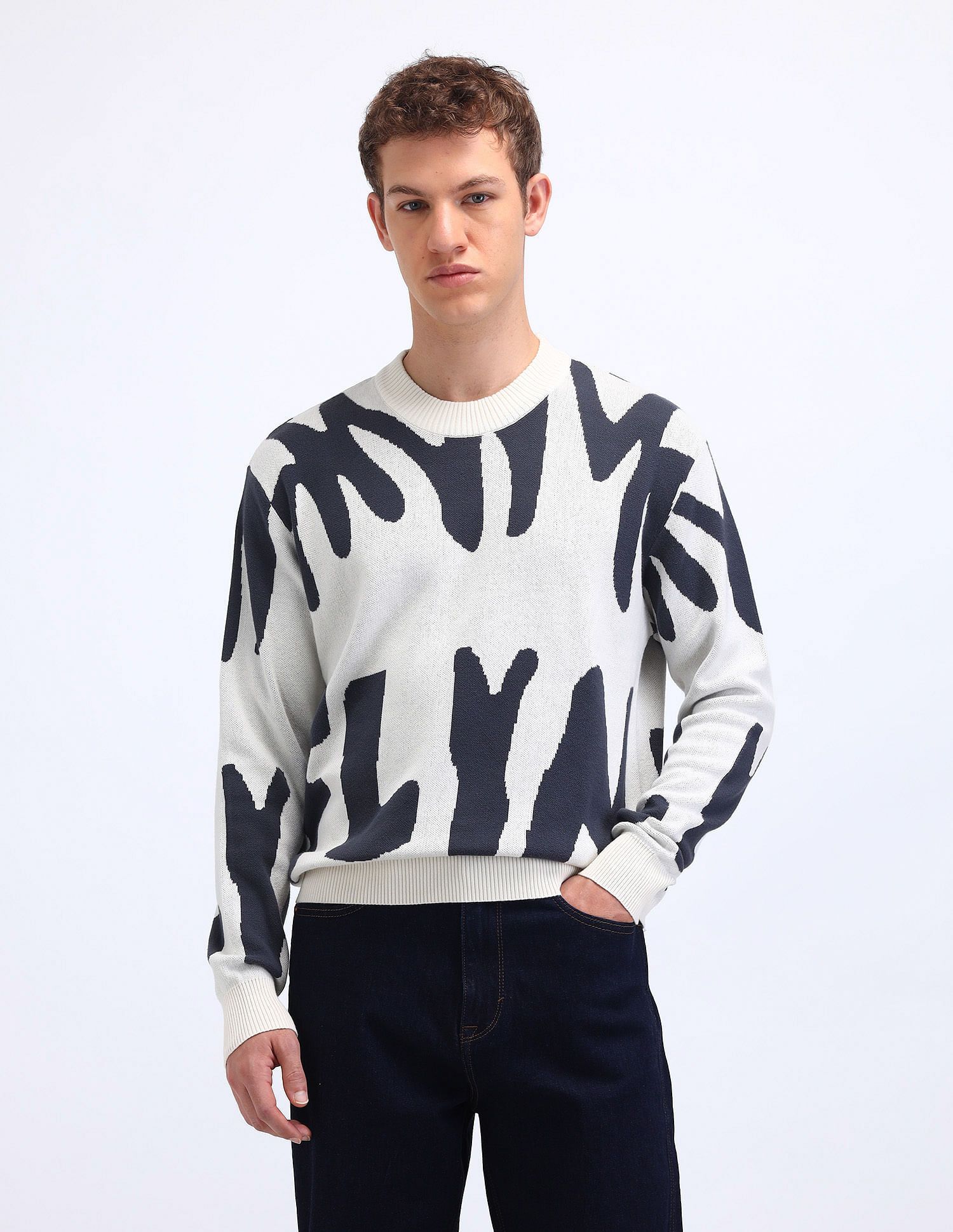flying machine Men Graphic Print Crew Neck White Sweater-picture-10