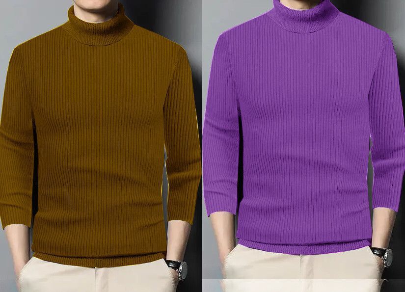 houseofcommon Men Solid High Neck Yellow, Purple Sweater-picture-17