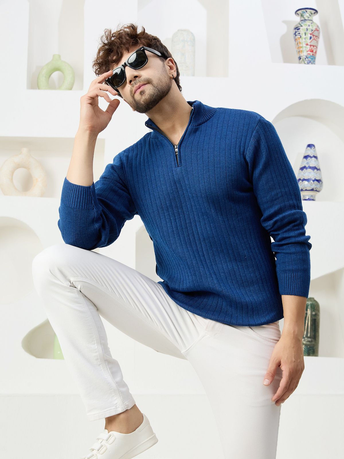 kvetoo Men Self Design High Neck Blue Sweater-picture-12