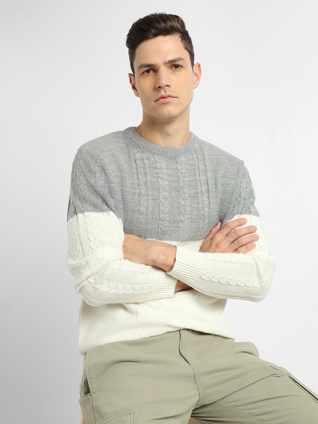 dennis lingo Men Colorblock Round Neck White, Grey Sweater-picture-12