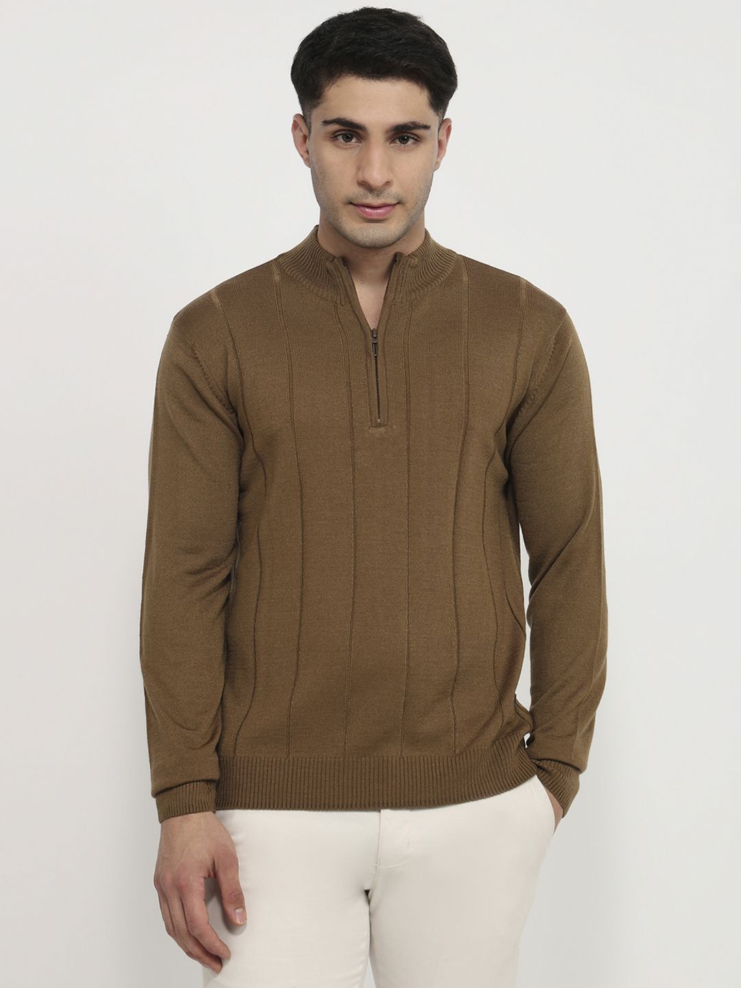 raymond Men Solid Collared Neck Beige Sweater-picture-11