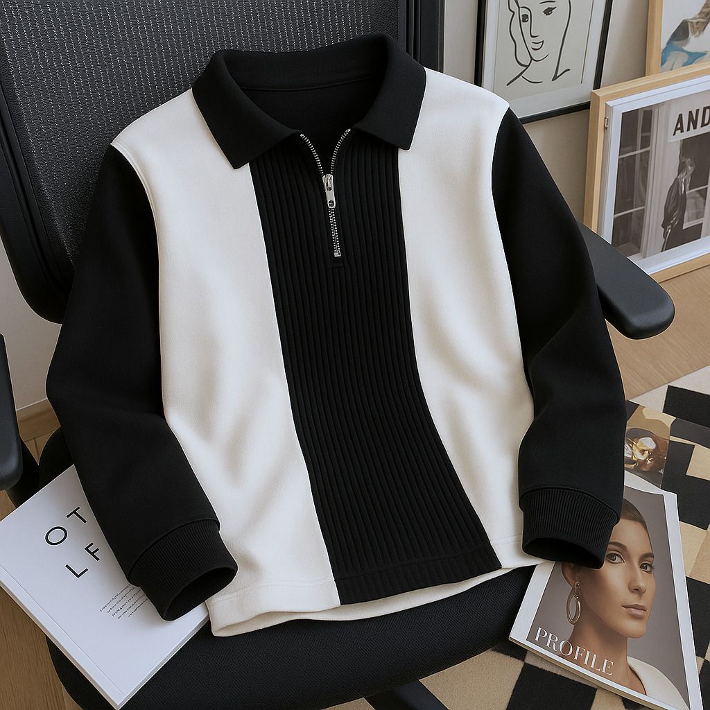 try this Men Colorblock Collared Neck Black Sweater-picture-24