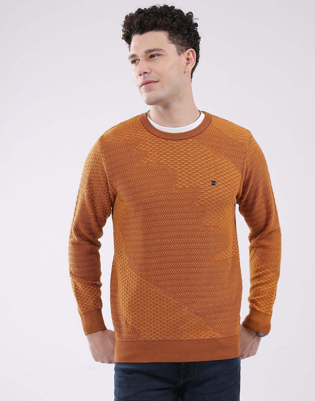 monte carlo Men Self Design Round Neck Yellow Sweater-picture-22