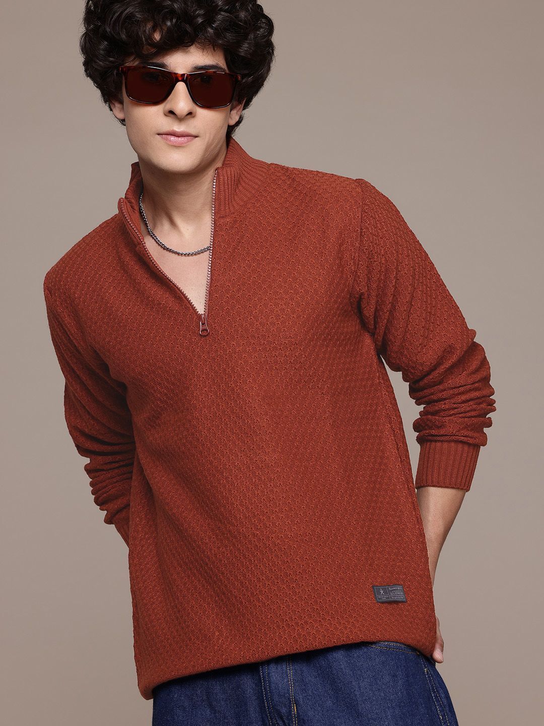 Men Self Design Mandarin Neck Red Sweater-image-39