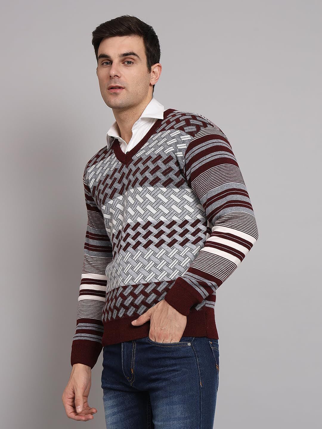 Men Striped V Neck Maroon Sweater-image-15