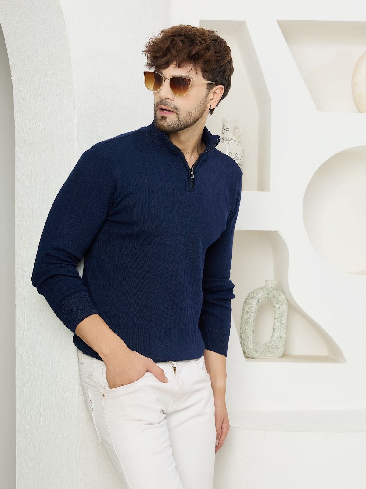 kvetoo Men Self Design High Neck Dark Blue Sweater-picture-13