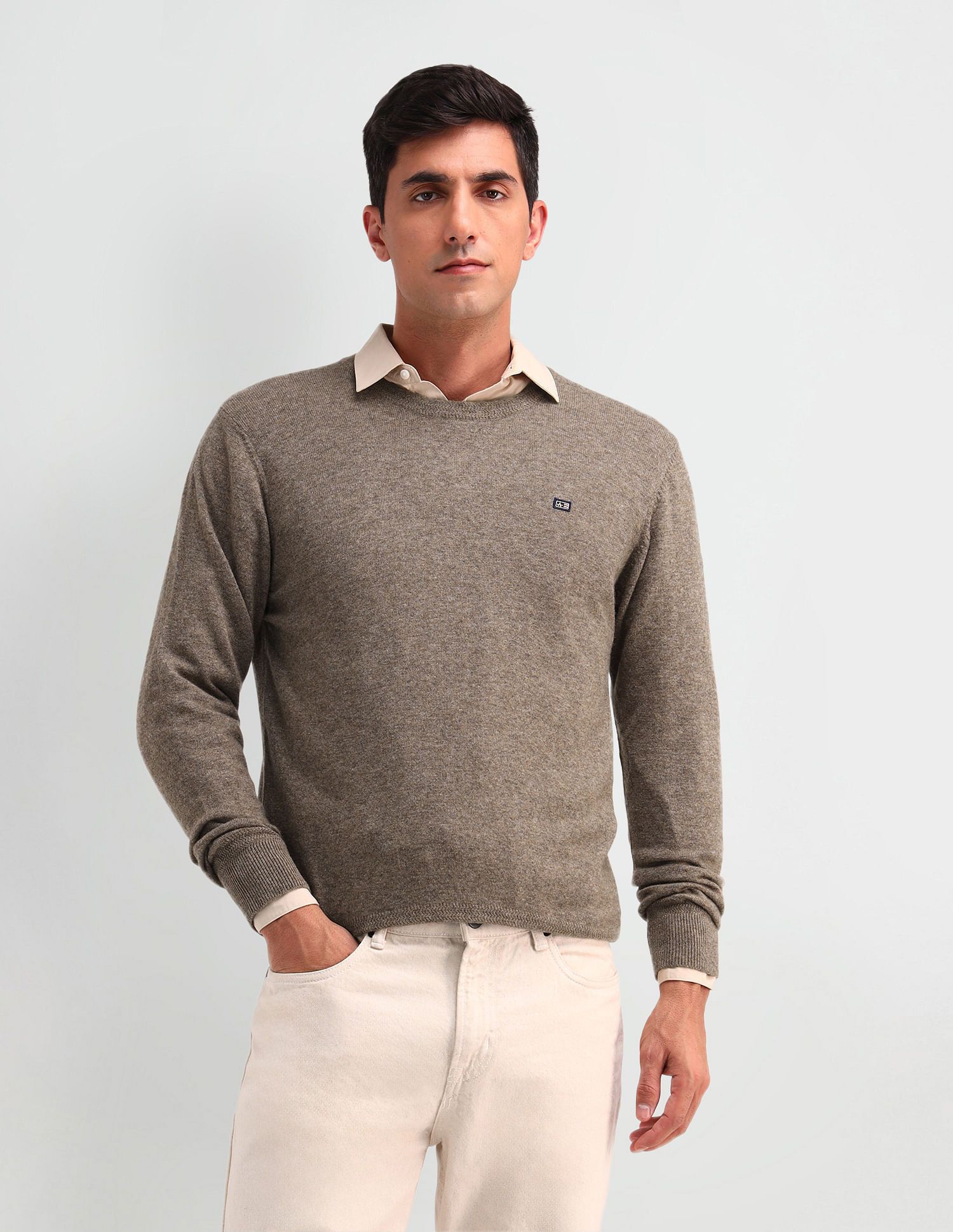 arrow sport Men Solid Round Neck Brown Sweater-picture-13