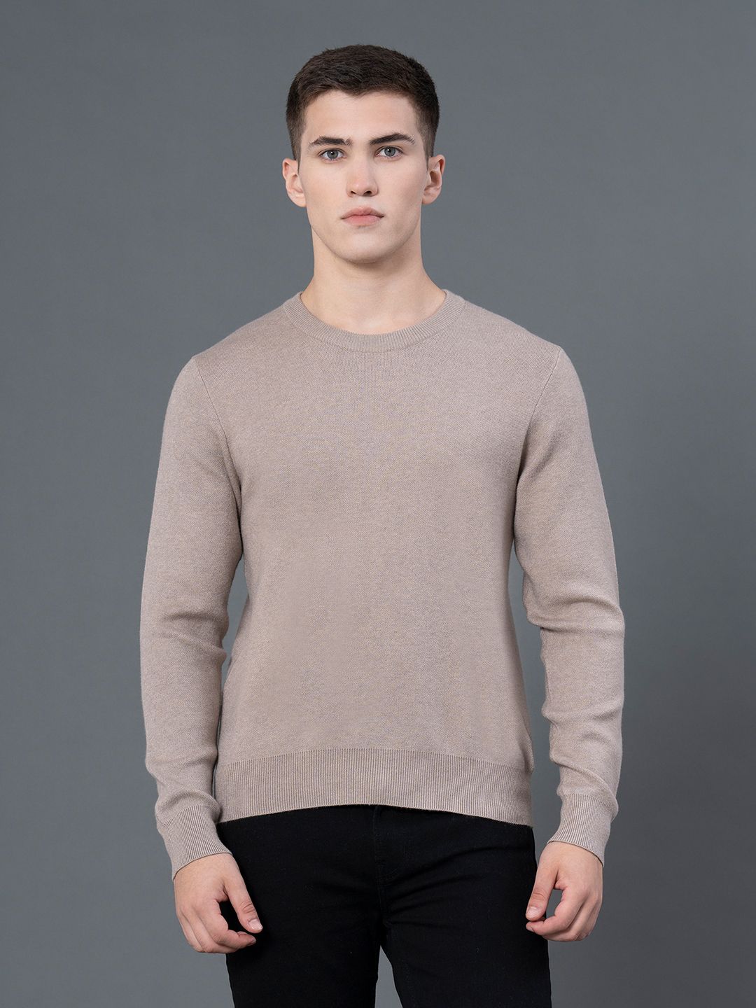 red tape Men Solid Round Neck Brown Sweater-picture-10