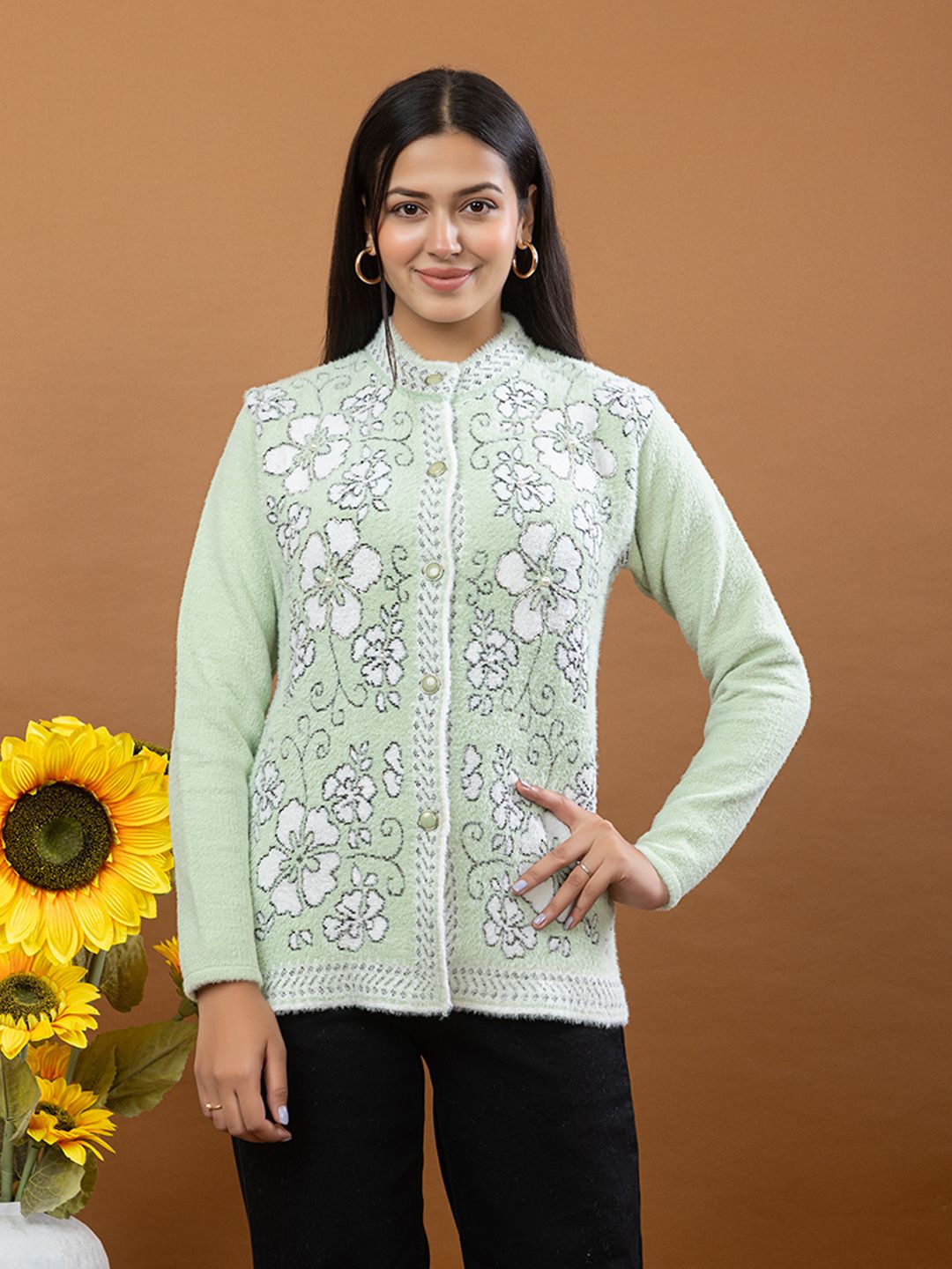 tanisha fashion Women Self Design Mandarin Neck Light Green Sweater-picture-6