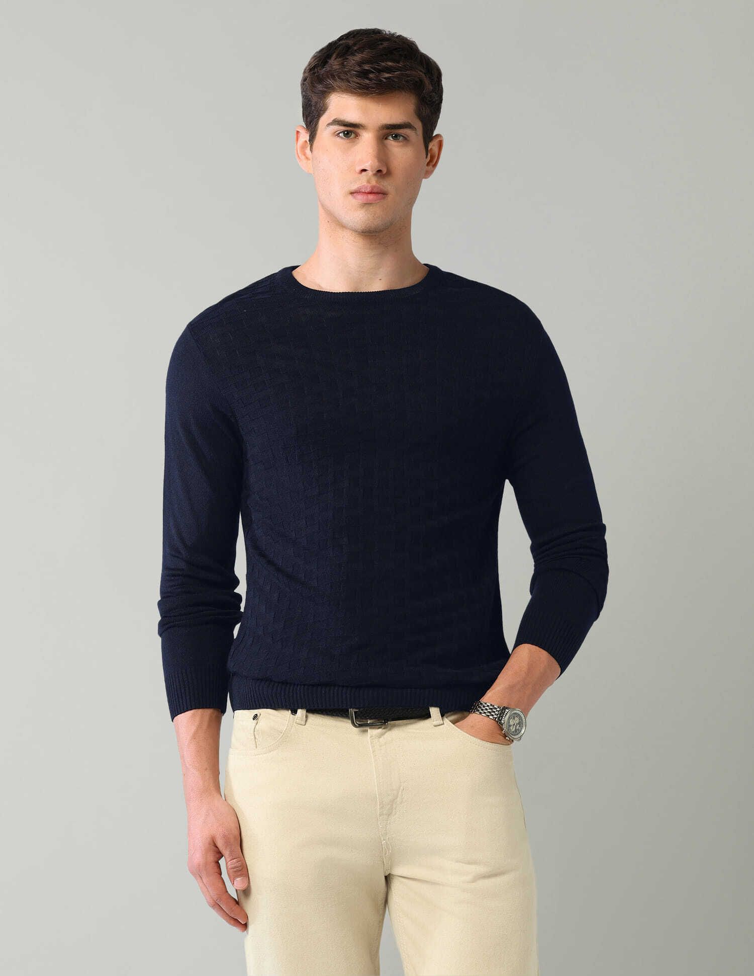 ad by arvind Men Self Design Crew Neck Blue Sweater-picture-13
