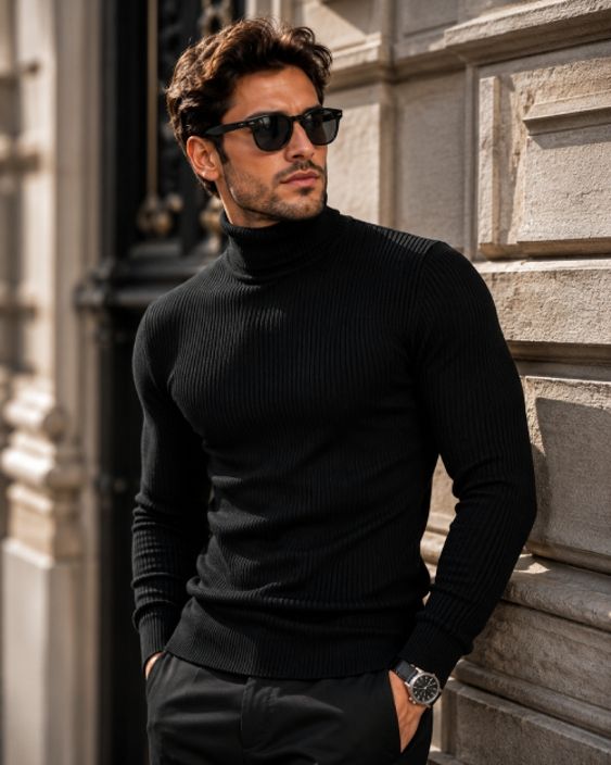 Men Solid High Neck Black Sweater-image-21
