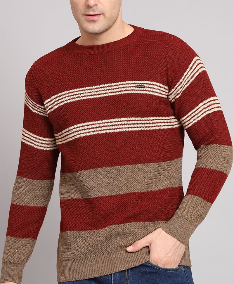 Men Striped, Colorblock Round Neck Maroon Sweater-image-24