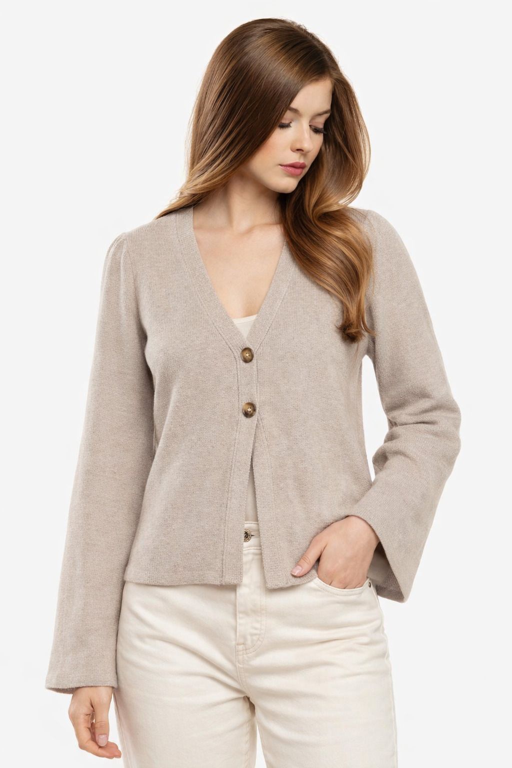 nobarr Women Solid V Neck Beige Sweater-picture-17