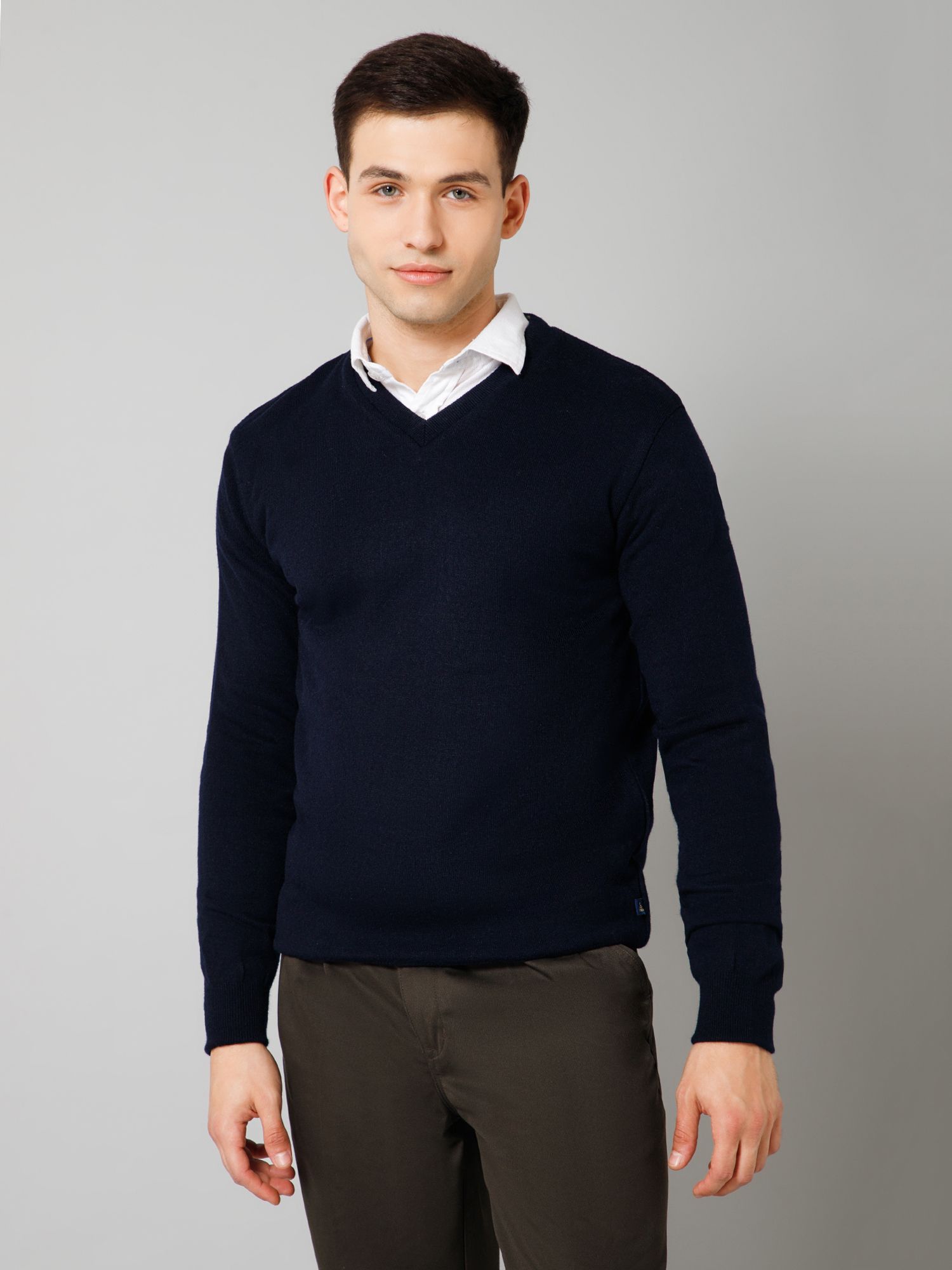 Men Solid V Neck Reversible Blue Sweater