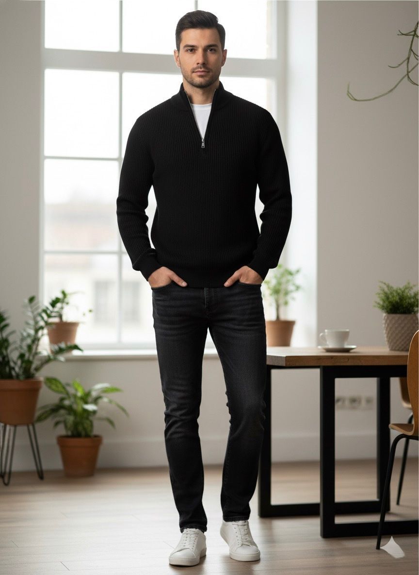 Men Solid Collared Neck Black Sweater