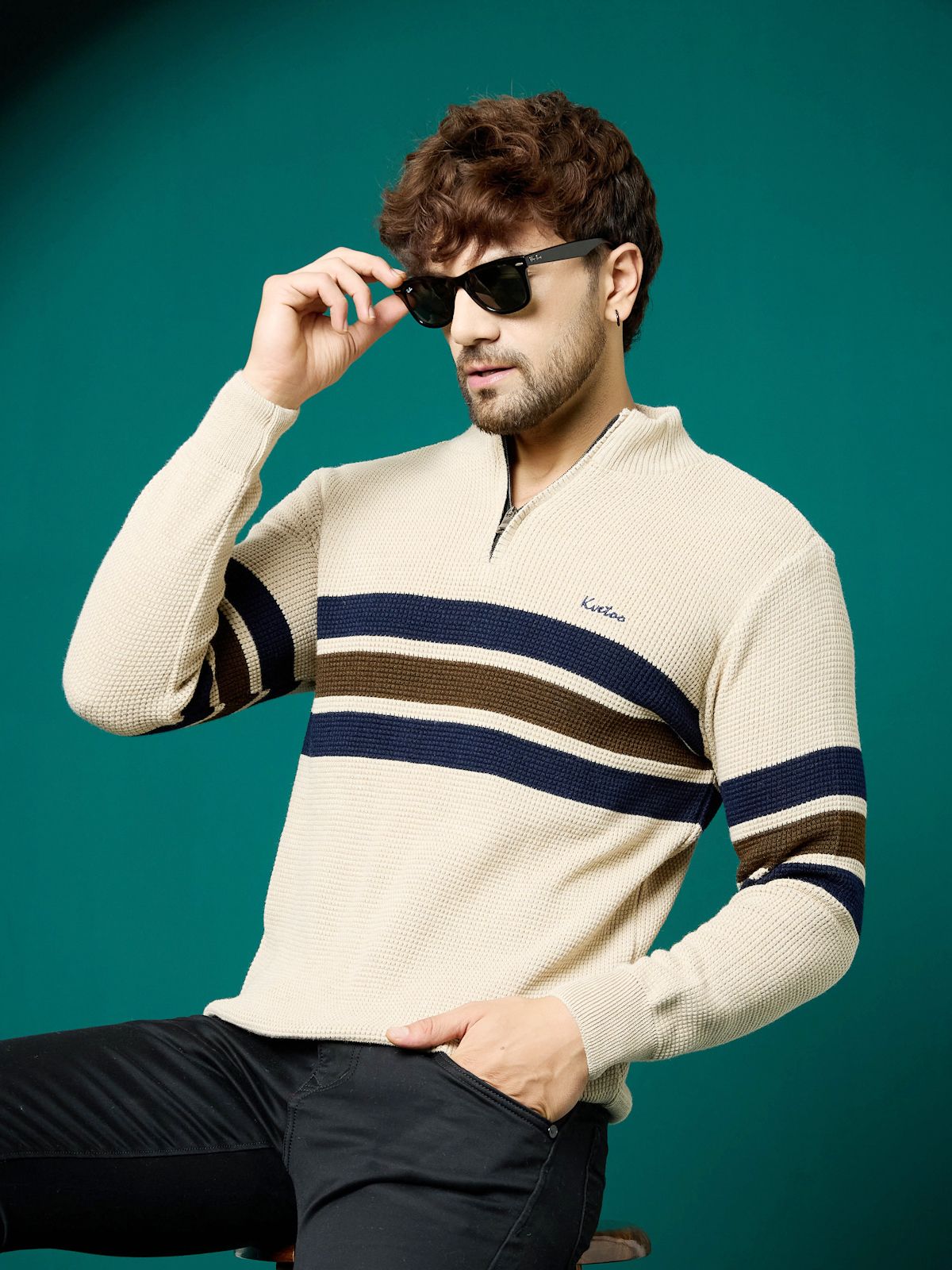 kvetoo Men Colorblock Collared Neck Brown Sweater-picture-15