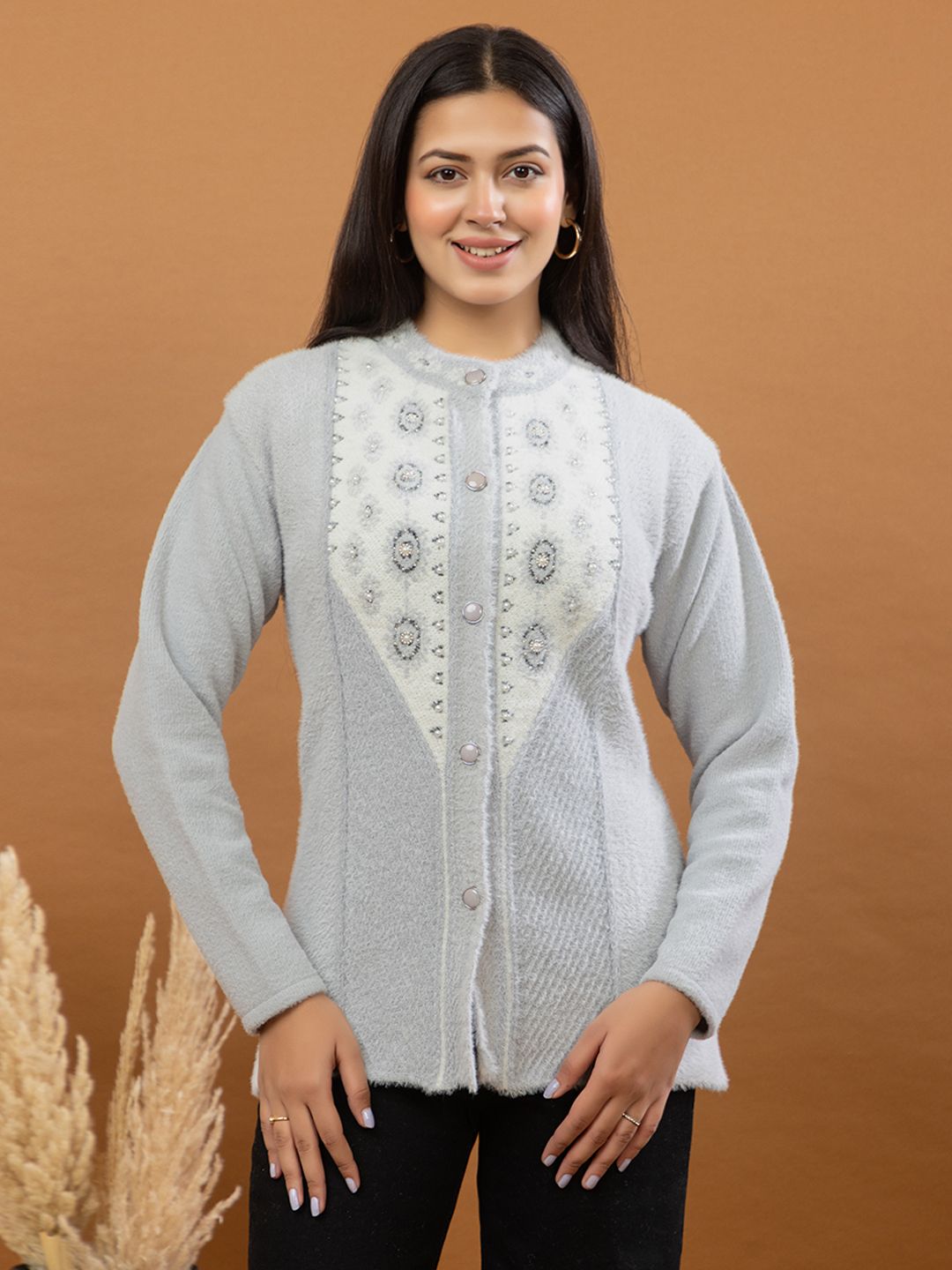 Women Self Design Mandarin Neck Grey Sweater-image-36