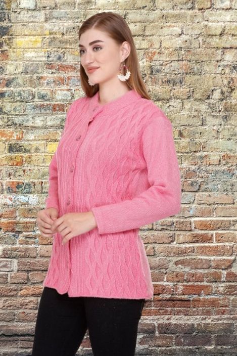 biwu Women Self Design Round Neck Pink Sweater-picture-17